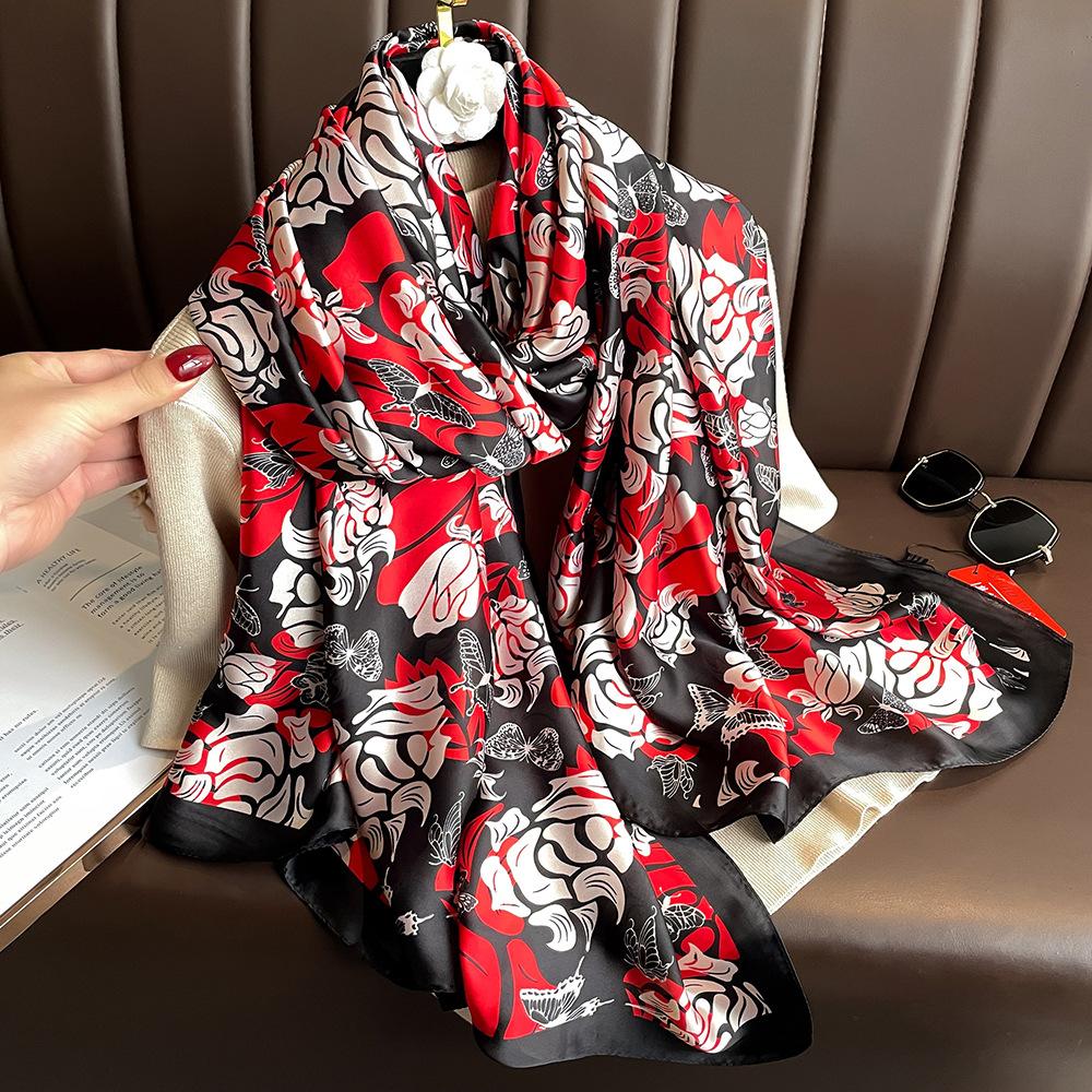 New silk scarf new silk satin printed shawl holiday fashion sunscreen long section simulation silk scarf