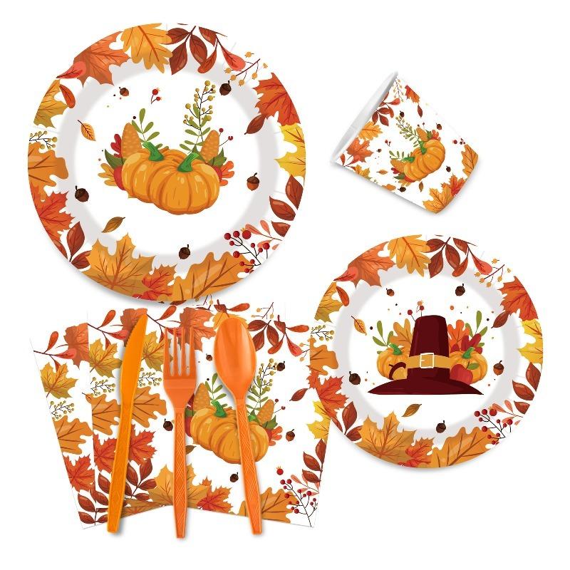 10-20Pcs Thanksgiving Paper Plates Napkins Cups Straw Turkey Pumpkin Fall Harvest Party Decorating Supplies Disposable Tableware