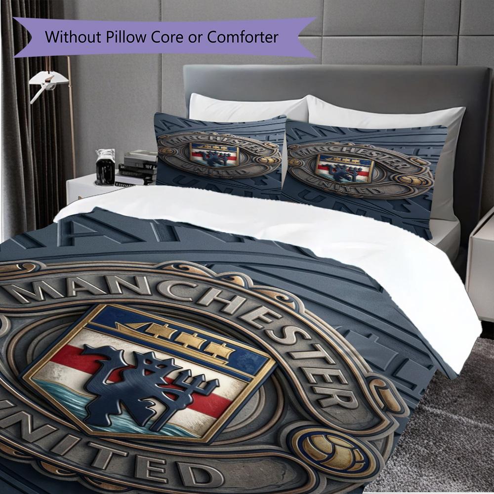Manchester Emblem Glow Dreiteiliges Set (1 Bettbezug + 2 Kissenbezüge, ohne Füllung) 2D Flachbettwäsche-Set Weich und bequem