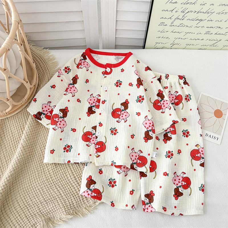 2026 Neues reines Baumwoll-Gaze-Schlafanzug-Set für Kinder für Frühling und Sommer Baumwollgarn Hauskleidung für Jungen und Mädchen