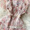 Summer Runway Gorgeous Flower Print Party Dress Women Holiday Flare Sleeve V Neck Beading Cascading Ruffles Mesh Lace Trims Cake Dresses