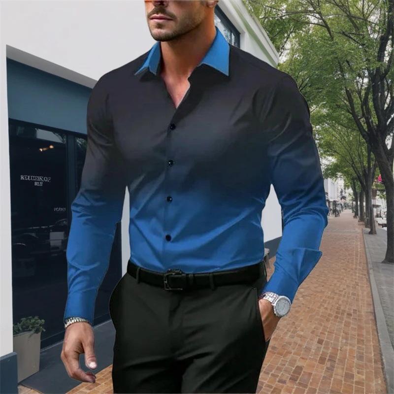 Spring Autumn Long Sleeved Shirt for Men with Sense of Luxury Gradient Lapel Loose Buttons Versatile Versatile Shirts Men’s