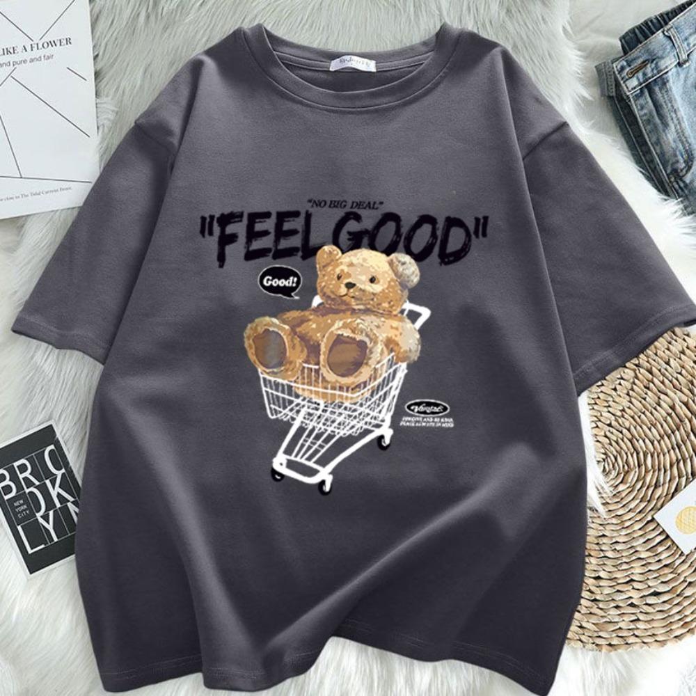 T-shirt a maniche corte con orso dei cartoni animati da donna, top largo, moda, stile coreano, maglietta