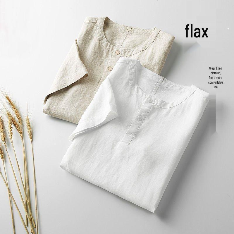 Męska koszula casual z bawełny i lnu, z krótkim rękawem i kołnierzykiem stojącym, na rok 2024