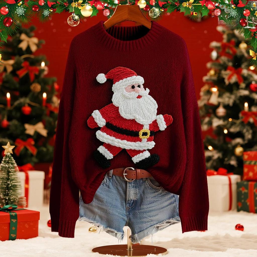 Women's Fashion Christmas Print Pullover Long-Sleeve  Neck Knit Sweater Top