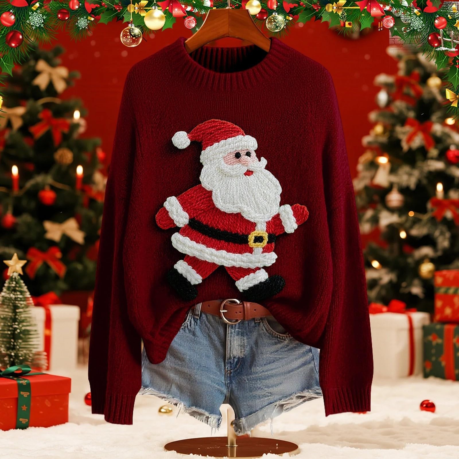 

Женский модный пуловер с рождественским принтом, с длинным рукавом и вырезом под горло, вязаный свитер-топ S винный