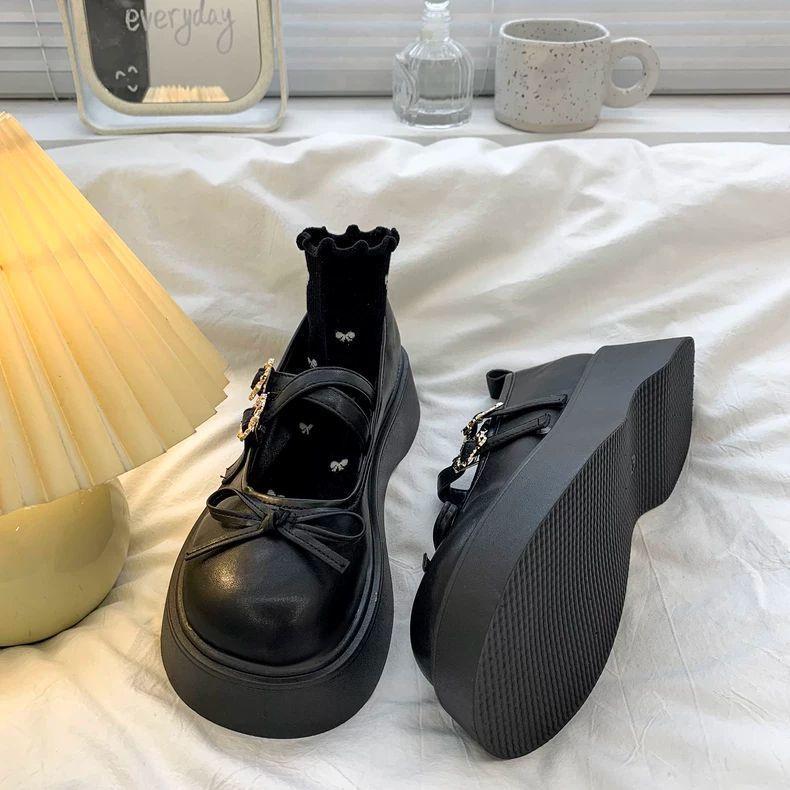 Vintage Round Head Heightening Lolita Small Leather Shoes Women's 2025 Autumn Sweet Bow Versatile Mary Jane Single Shoes