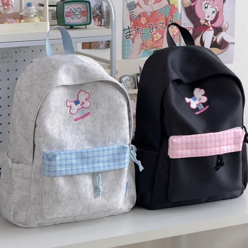 Schooltas schattig klein fris geruit rugzak hoge waarde cartoon geborduurd meisjes rugzak campus middelbare scholier schooltas