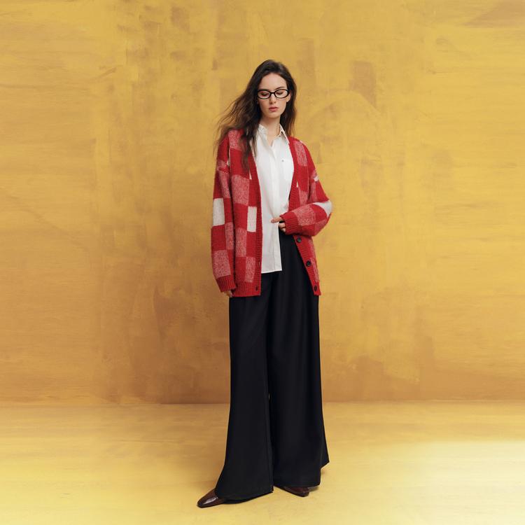 ELLE Simple Plaid V-Neck Loose Cardigan Long Sleeve Knit Sweater Women Sweater EZ63385