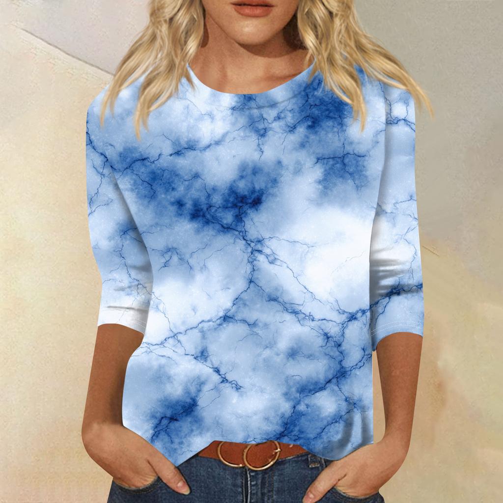 Women's Fashion Casual Round Neck Three-quarter Sleeve Gradient Print T-shirt Top