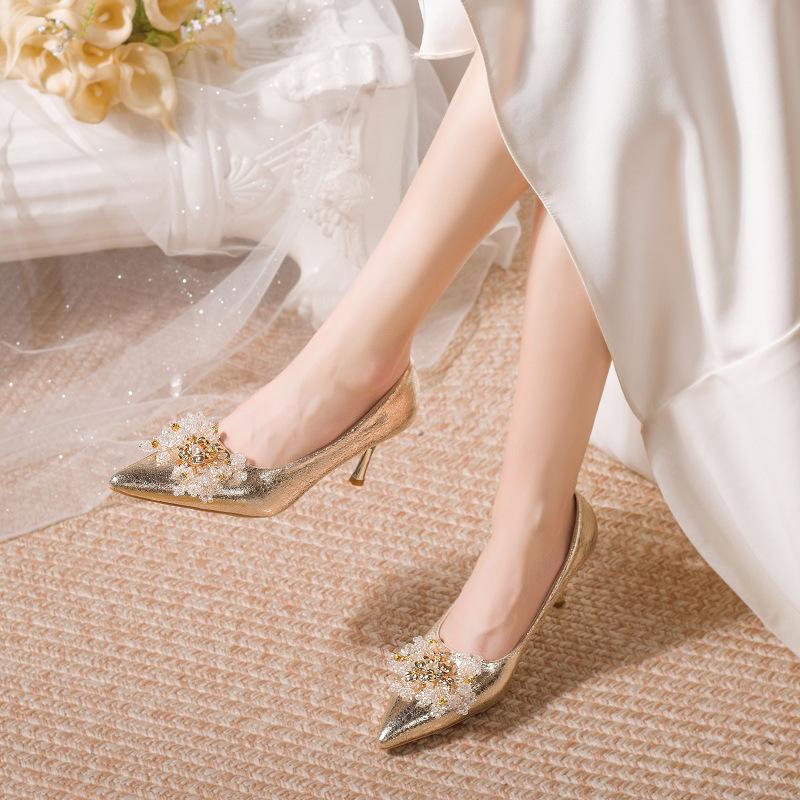 Pointed Stiletto Applique Solid Color High Heels Festive Wedding Dress Wedding Shoes Bride Show Shoes Korean Version of Fashion