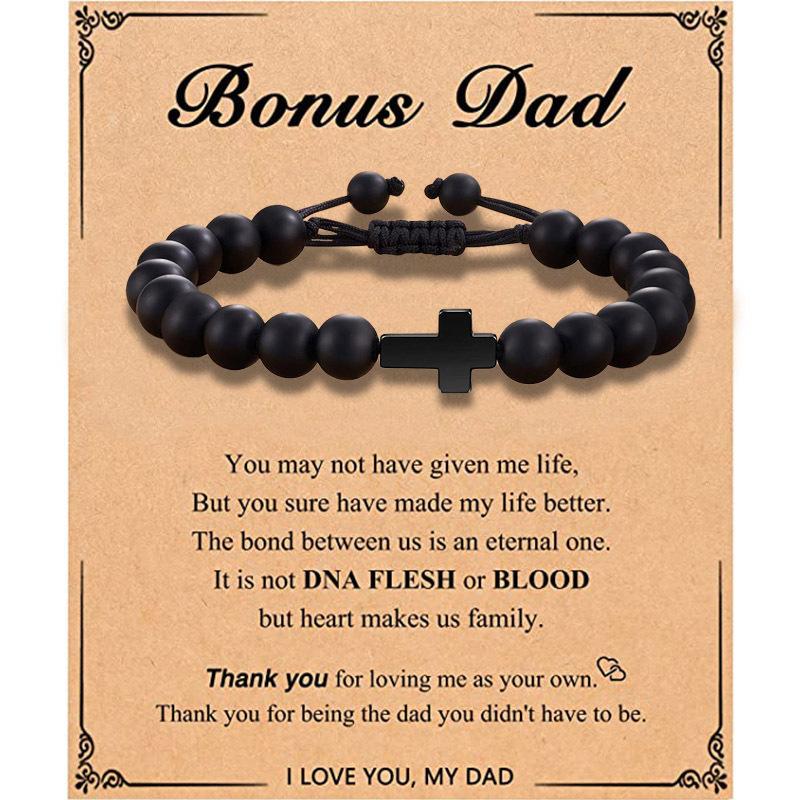 Father's Day Gift Bracelet Black Cross Pendant Black Rope Braided Adjustable 8mm Black Frosted Cross Bracelet