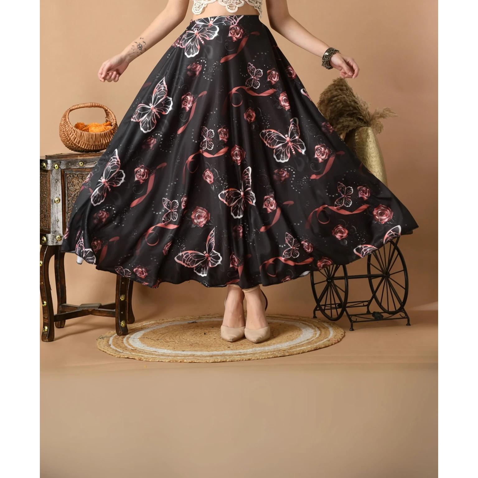 Morho Printed Black Laycra Blend Skirt Indian Women Summer Wear Long Skirt Dress M