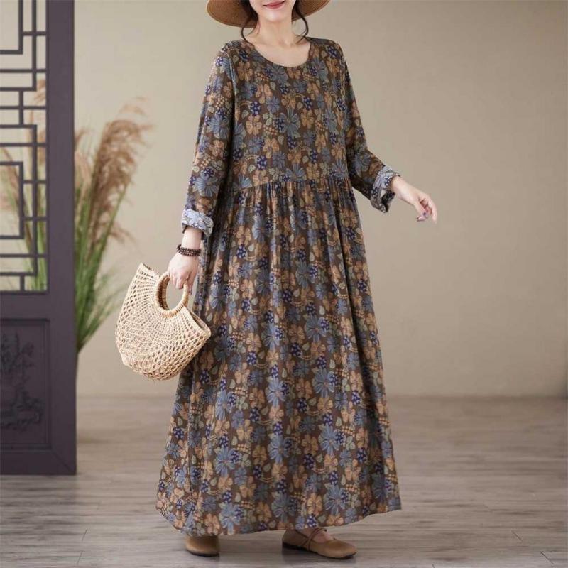 Printed Round Neck Loose Plus Size Long Sleeve Plus Cover Up Dresses