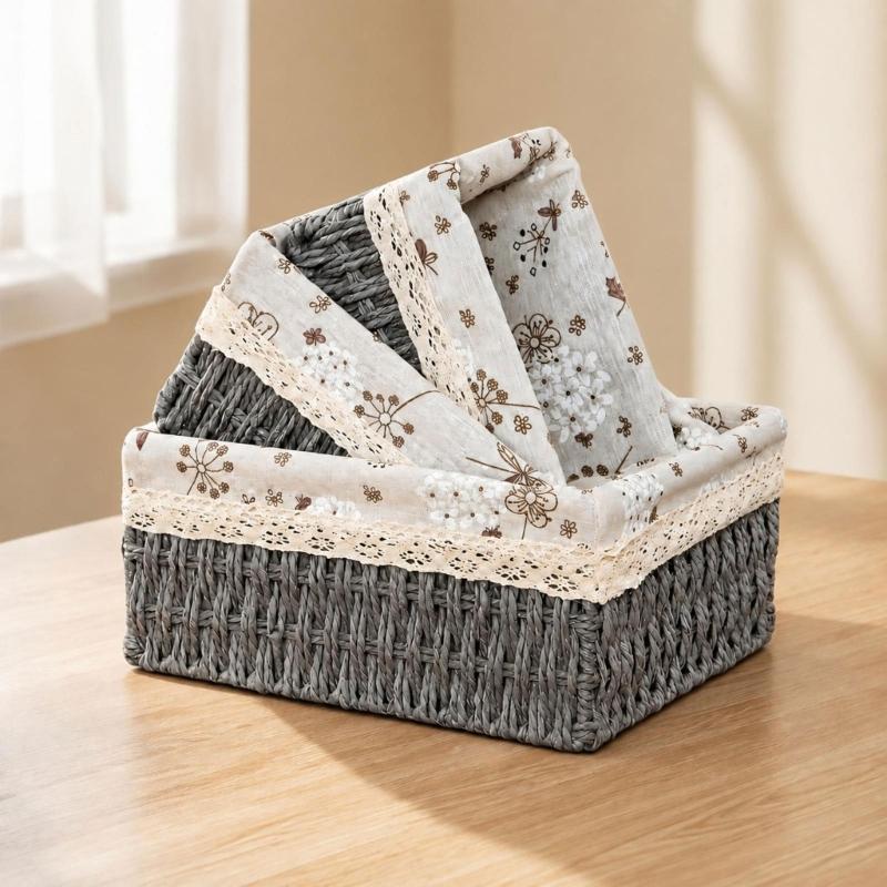 Fabric Lined Storage Basket Set of 3 with Lace Trim, Rectangular Catchall Baskets for Desktop, Entryway, and Dresser