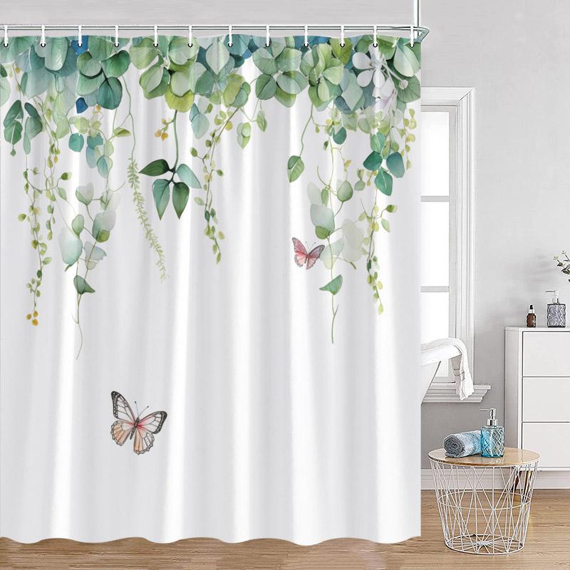 Floral Blue Butterfly Shower Curtain Purple Flowers Butterflies Plant Polyester Fabric Bathroom Decor Bath Curtains with Hooks