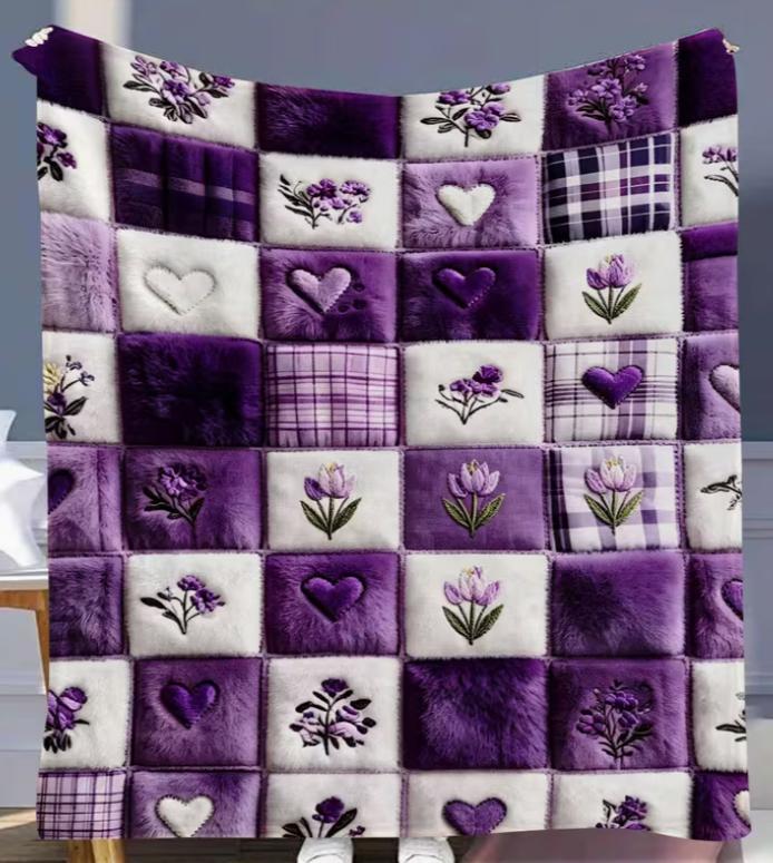 Purple Vintage Patchwork ArtFloral Checkered Dove Heart PatternHigh-Quality Single-Sided Printed Flannel Blanket