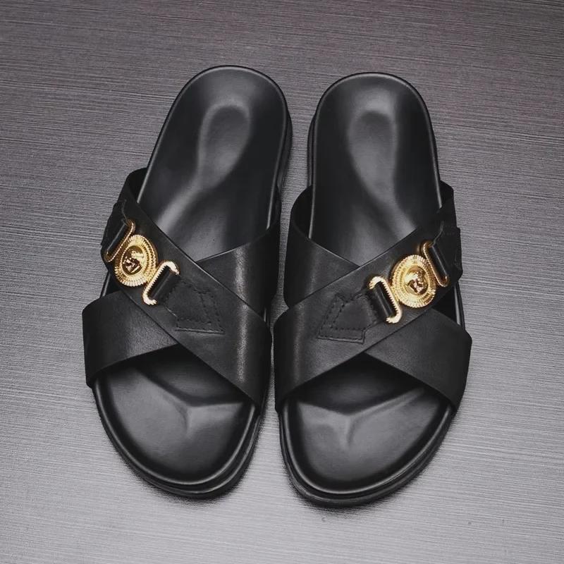 Men's Trendy Genuine Leather Outdoor Cross Sandals: 2024 Summer Soft-Soled Flip Flops