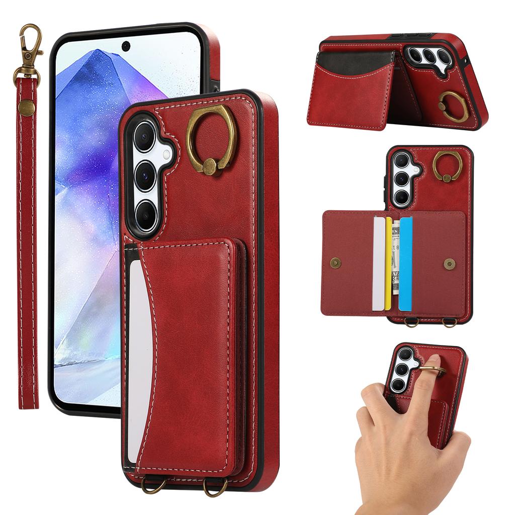 For Samsung Galaxy A54 5G PU Leather Back Case Card Holder Kickstand Phone Cover with Wrist Strap