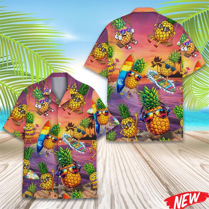 Funny Tropical Fruit Pattern Hawaiian Shirts 3d Printed Pineapple Button Men s Shirt Summer Short Sleeve Quick Dry Lapel Blouse S