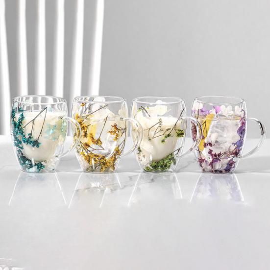 350ML Double Wall Glass Coffee Mug Dries Flower Insulated Glass Cup with Handle Clear Espresso Latte Cappuccino Milk Juice Tea Water Cup