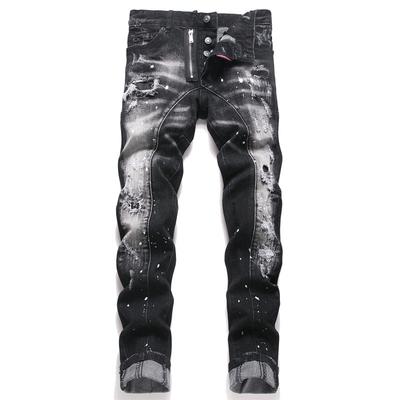 2025 Mens Slim-fit Denim Jeans Black Distressed Patchwork Stitching Body-shaping Mid-waist Pants D4057
