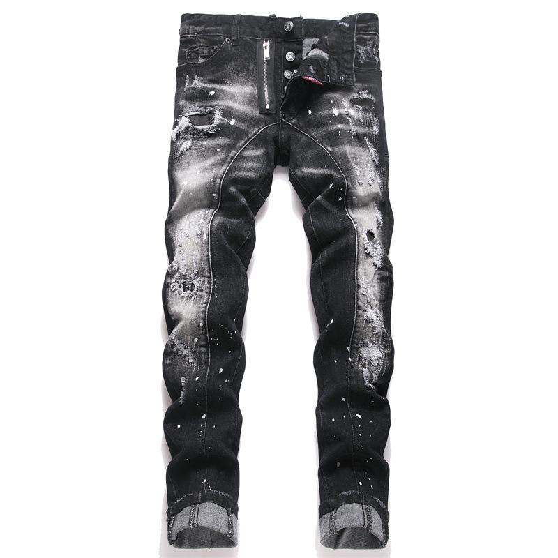 

2025 Mens Slim-fit Denim Jeans Black Distressed Patchwork Stitching Body-shaping Mid-waist Pants D4057 34 чорний