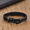 Stainless Steel Geometric Double Wrap Bracelet Men Minimalist Leather Woven Cuff Adjustable Size
