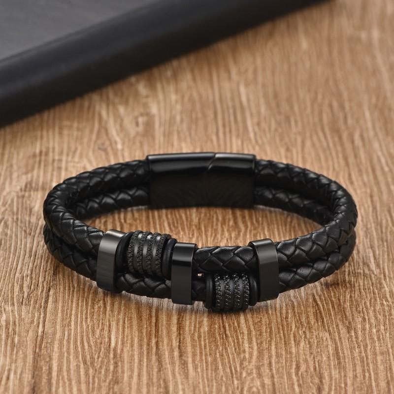 Stainless Steel Geometric Double Wrap Bracelet Men Minimalist Leather Woven Cuff Adjustable Size