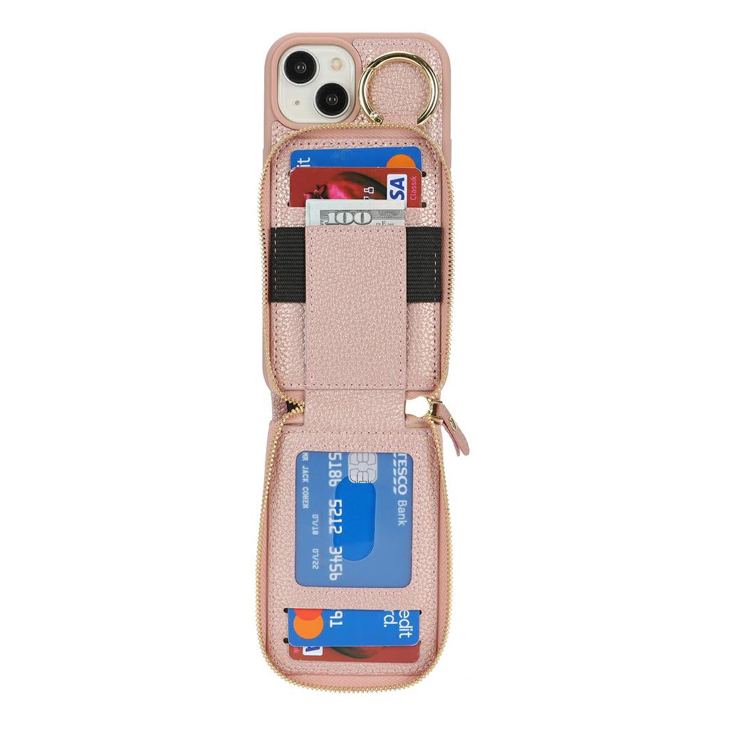 For iPhone 15 Case with Zipper Pouch/Ring Kickstand/Strap Litchi Texture PU + TPU Phone Cover