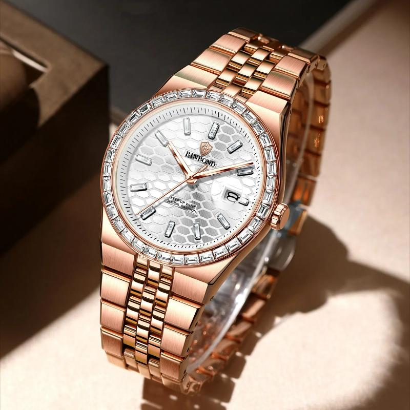 BINBOND Top Luxury Men's Quartz Watch Men's Diamond Watch Waterproof Night Light Date Week Stainless Steel Watch