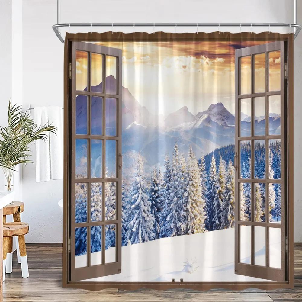 Winter Forest Scenery Shower Curtain Snow Window Outside Nature Landscape Snowy Pine Tree Bathroom Decor Polyester Bath Curtain