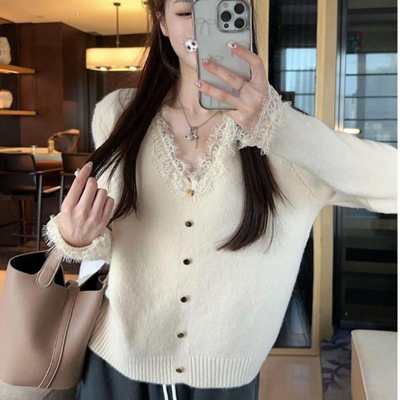 

Нежный трикотажный свитер с V-образным вырезом и длинными рукавами, отделанный кружевом, базовый свитер для женщин one size