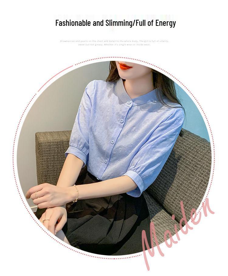 2024 Summer Women's Loose-Fit Pure Cotton Five-Sleeve Stand-Collar Top