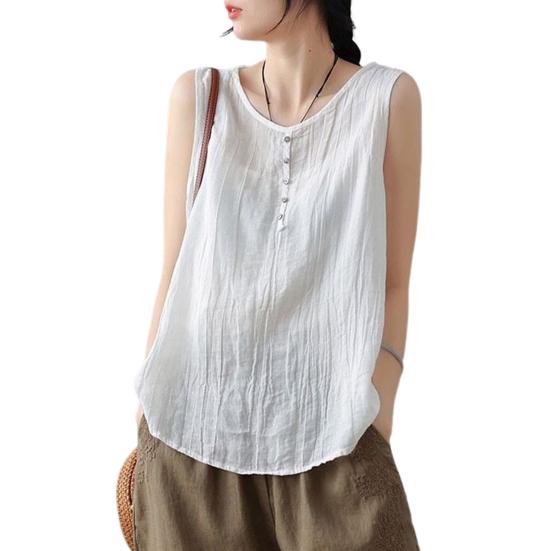 Women Summer Vest Round Neck Sleeveless Buttons Decor Tank Tops Solid Color Loose Fit Thin Camisole Streetwear