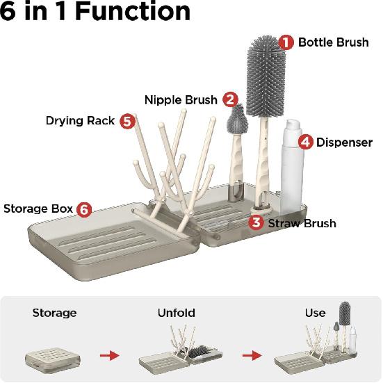 YOTIME Travel Bottle Brush Set, Auto-Open Rack & Vertical Brushs Drying Slots, 3 Brushes, Foldable Drying Rack, Dispenser, Travel Baby Essentials for