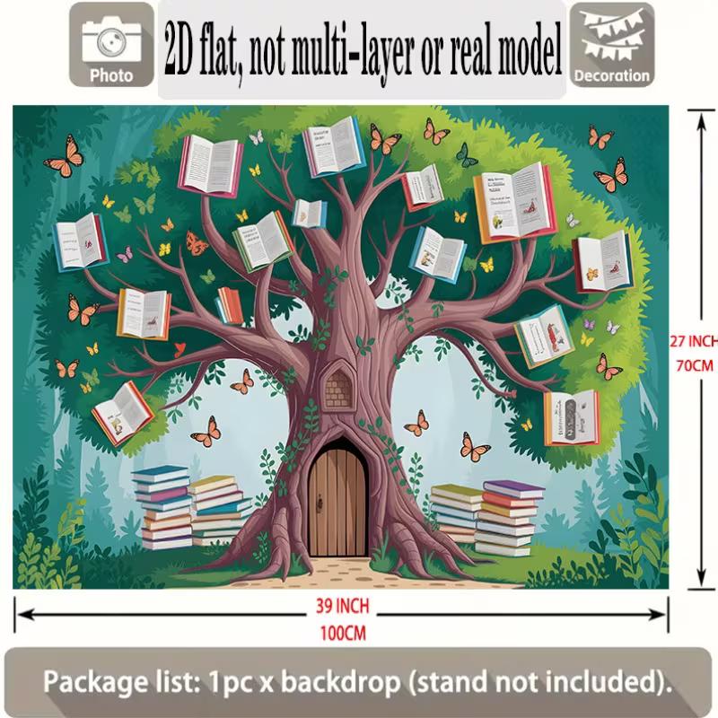 2D Bücherwurm Party Hintergrund, Verzauberter Baum und Waldtür für Kinder Fotoshooting