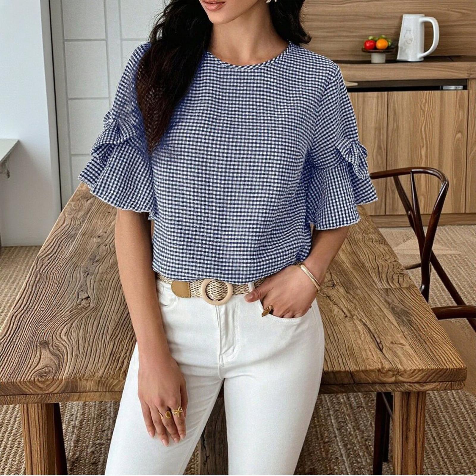 

Women Casual Bowknot Decoration Plaid Round Neck Five-Sleeve Top Lightweight Loose Fit Shirt for Daily Wear XL