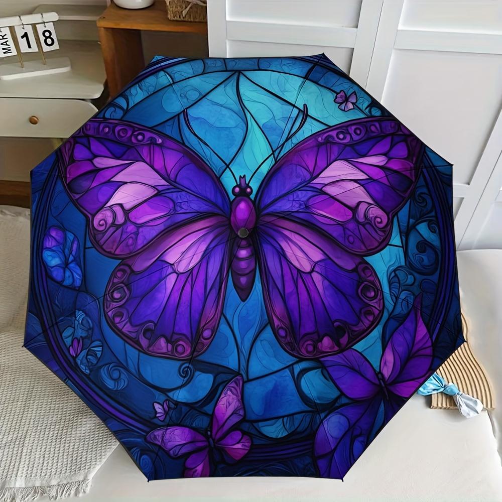 1pc Open/Close Blocking Umbrella with Glow-in-the-Dark Purple Butterfly & Blue Stained--like pattern, 8-Rib Heavy-Duty Frame,