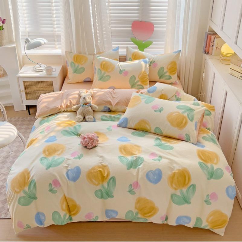 Multiple Size 100% Cotton Duvet Cover and Pillowcases Set for Bedroom Decoration Purple Flower Printed Plaid Duvet Cover Sets