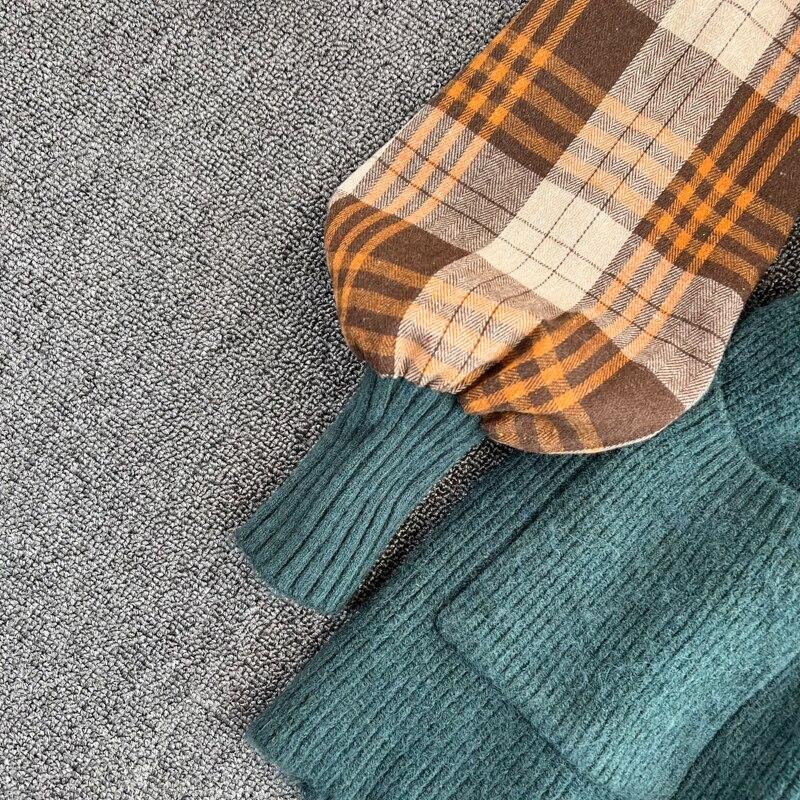 Autumn/winter Fashion Suit Western Style Plaid Shirt + Sweater Vest Knit Two-piece Set