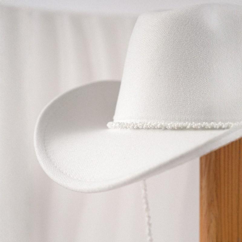 Womens Wool-Blend Western Cowboy Hat With Pearl Beaded Cord High Crown Curved Brim All-Season Fashionable Sun