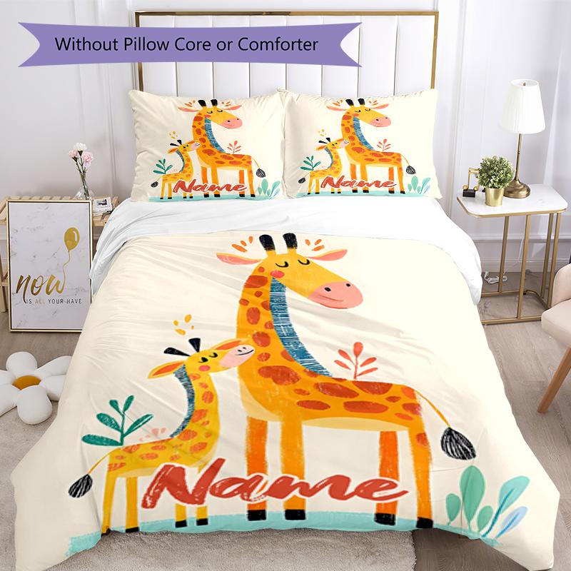 3pcs Custom Name Giraffe Bedding Set Duvet Cover Closure Includes 1 Duvet Cover & 2 Pillowcases, Soft and Comfortable for All Seasons.