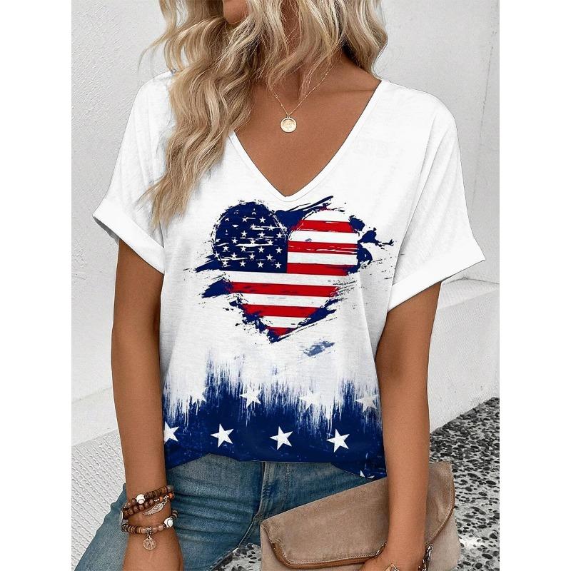 Women's T Shirt Flag Casual Red White And Blue Short Sleeve V Neck Regular Tops Daily Red Summer