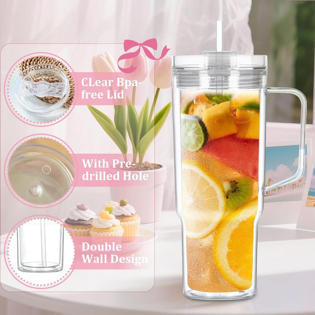 40 Oz Acrylic Snowglobe Tumbler with Handle, 4 Pack Pre-Drilled Double Wall Acrylic Clear Cup Tumbler for Glitter Snow Globe Diy