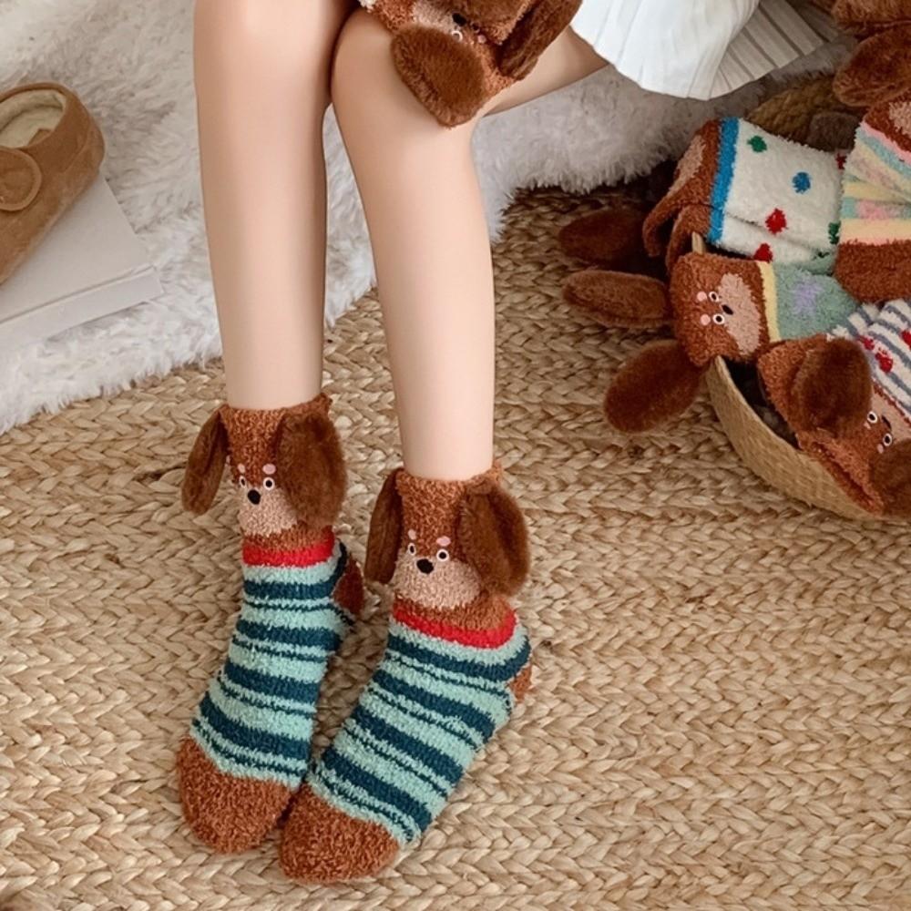 Plush Puppy Ears Coral Fleece Socks Polka Dot Floor Socks Cartoon Dog Thicken Velvet Socks  Girls