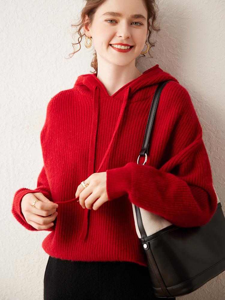 Women's Super Thick Cashmere Knit Hoodie - Autumn/Winter Long Sleeve Loose Casual Pullover Sweater