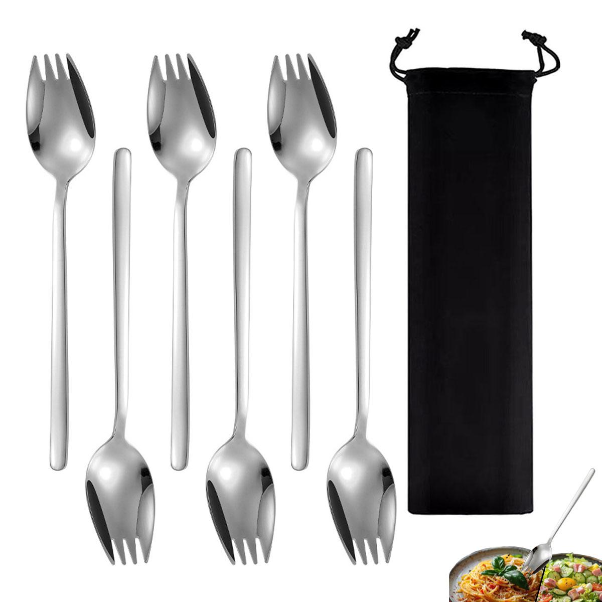

6-Pack Stainless Steel Sporks 7.48-inch Shiny Salad Forks Dessert Soup Noodle Forks with 1 Carrying Bag Dishwasher Safe серебряный