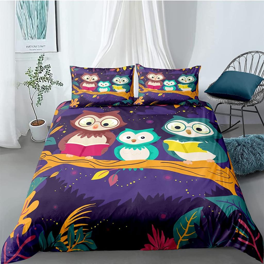 Cartoon Owl King Queen Duvet Cover Gray Cute Animal Bedding Set Pink Orange Grey Flowers Comforter Cover Polyester Quilt Cover