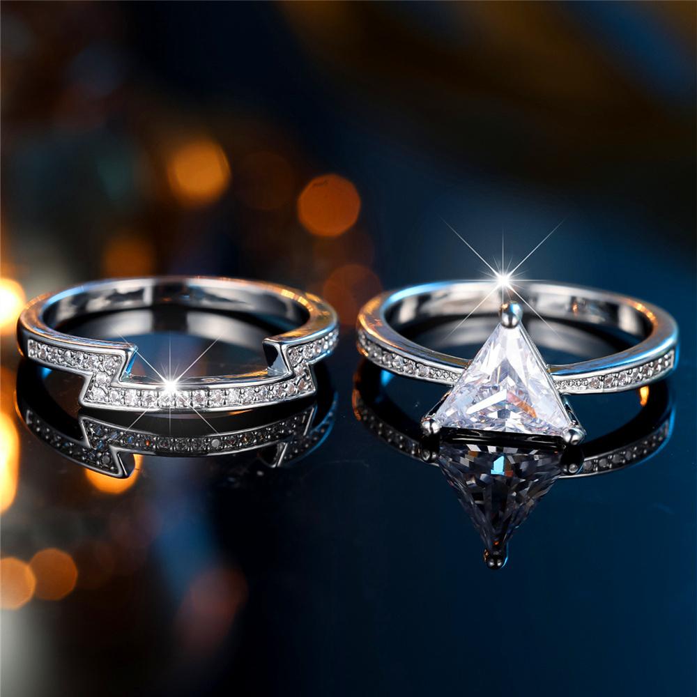 

Crystal Female White Zircon Triangle Stone Ring Set Fashion Luxury Silver Color Bridal Wedding Engagement For Women 9